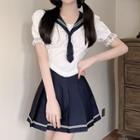 Short-sleeve Lace Trim Blouse / Striped Mini Pleated Skirt / Set