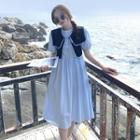 Set: Short-sleeve Midi A-line Dress + Contrast Trim Vest