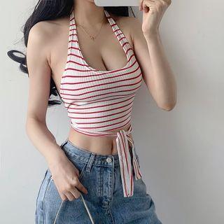 Halter-neck Tie-front Ribbed Cropped Top