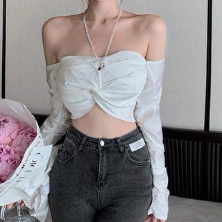 Halter-neck Rhinestone Knotted Plain Top White - One Size