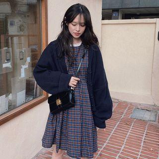 Long-sleeve Plaid A-line Dress / Plain Cardigan