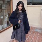 Long-sleeve Plaid A-line Dress / Plain Cardigan