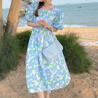 Puff-sleeve Floral Print Dress As Figure - One Size