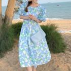 Puff-sleeve Floral Print Dress As Figure - One Size