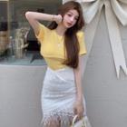Short-sleeve Plain T-shirt / High-waist Lace Fringed Asymmetric Skirt