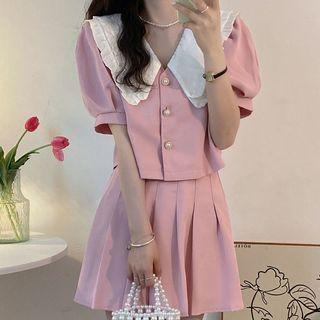 Puff-sleeve Wide Collar Blouse / Pleated Mini A-line Skirt / Set