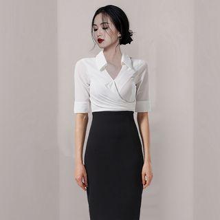 Mock Two-piece Short-sleeve Shirred Paneled Dress