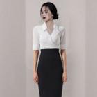 Mock Two-piece Short-sleeve Shirred Paneled Dress