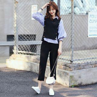 Set: Puff-sleeve Striped Blouse + Knit Vest + Cropped Skinny Pants