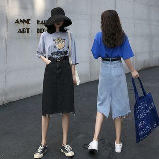 High-waist Denim Cutout-hem Midi A-line Skirt