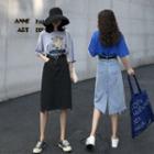 High-waist Denim Cutout-hem Midi A-line Skirt