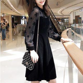3/4-sleeve Star Print Mesh Panel Mini A-line Velvet Dress