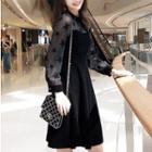 3/4-sleeve Star Print Mesh Panel Mini A-line Velvet Dress