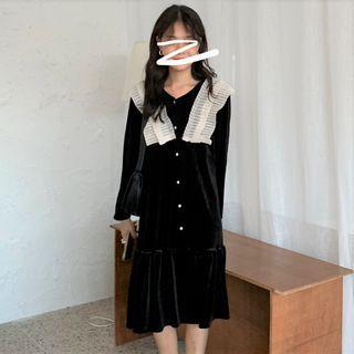 Long-sleeve Pleated Trim Midi A-line Dress As Shown In Figure - One Size