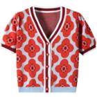 Short-sleeve Floral Knit Top Red - One Size
