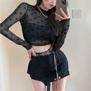 Print T-shirt / Long-sleeve Mesh Crop Top