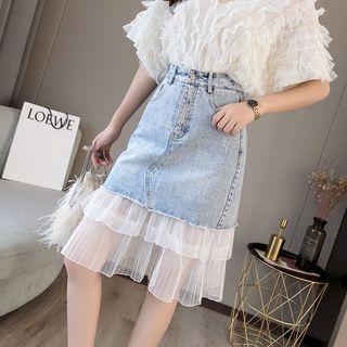 Layered Mesh Hem Denim Skirt