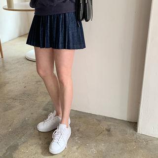 Accordion-pleat Denim Miniskirt