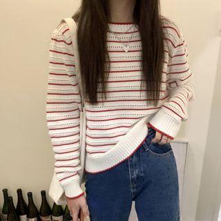 Striped Pointelle Knit Sweater Stripe - Red - One Size