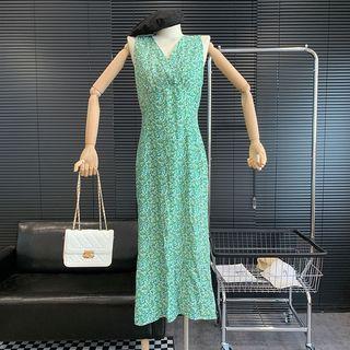Sleeveless V-neck Floral Slim-fit Dress