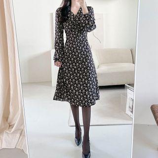 Puff-sleeve Shirred Midi Floral Dress