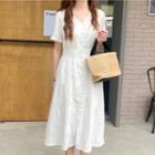 Short-sleeve V-neck Button-up Midi Dress White - One Size