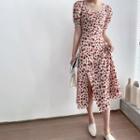 Short-sleeve Ruffle -trim Floral Printed Slit Midi Dress