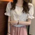Puff-sleeve Lace Buttoned Blouse / Cropped Wide-leg Pants