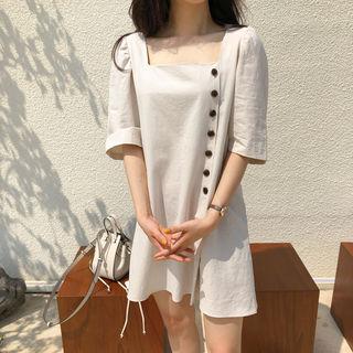 Square-neck Button-detail Linen Blend Dress