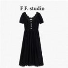 Short-sleeve Scalloped-hem Midi A-line Dress