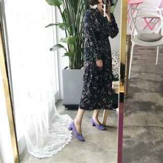 Elastic-waist Floral-pattern Midi Dress