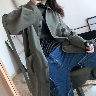 Dual-pocket Long Coat With Sash