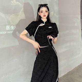 Set: Short-sleeve Cutout Mini Qipao Top / Qipao Midi Skirt