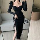 Puff-sleeve Lace Panel Midi Knit Dress Black - One Size