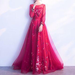 Print Long-sleeve A-line Evening Gown