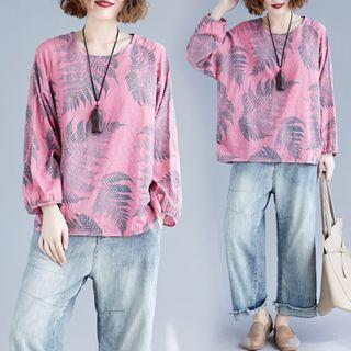 Long-sleeve Leaf Print T-shirt Leaf - Pink - One Size
