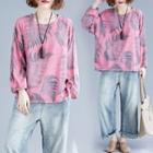 Long-sleeve Leaf Print T-shirt Leaf - Pink - One Size