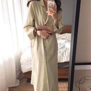 Tie-waist Long-sleeve Midi Shirtdress Khaki - One Size
