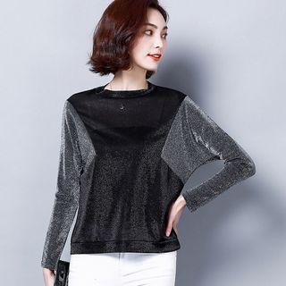 Long-sleeve Color Block Glitter T-shirt