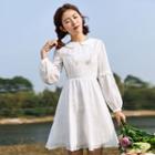 Long-sleeve Frill-trim Embroidery Shirred Dress