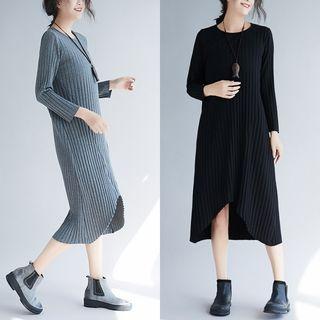 Asymmetric Hem Rib-knit Midi Sweater Dress
