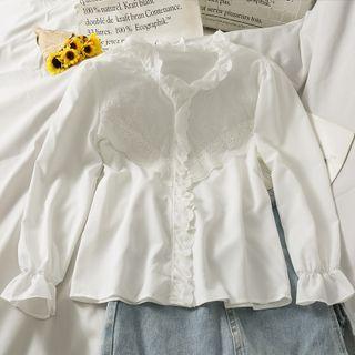 Ruffle-trim Embroidered Loose Shirt White - One Size