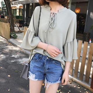 3/4-sleeve Lace-up Chiffon Top