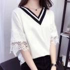 Lace Panel Elbow-sleeve V-neck Top