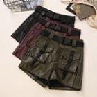 Faux Leather Buckled Wide-leg Cargo Shorts