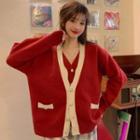 Mock Two-piece Long-sleeve Contrast Trim Knit Cardigan Red - One Size