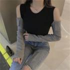 Two-tone Cold-shoulder Knit Top