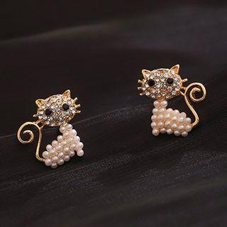 Faux Pearl Cat Stud Earring 1 Pair - Gold - One Size