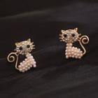 Faux Pearl Cat Stud Earring 1 Pair - Gold - One Size