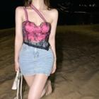 One-shoulder Lace Cropped Camisole Top Pink - One Size